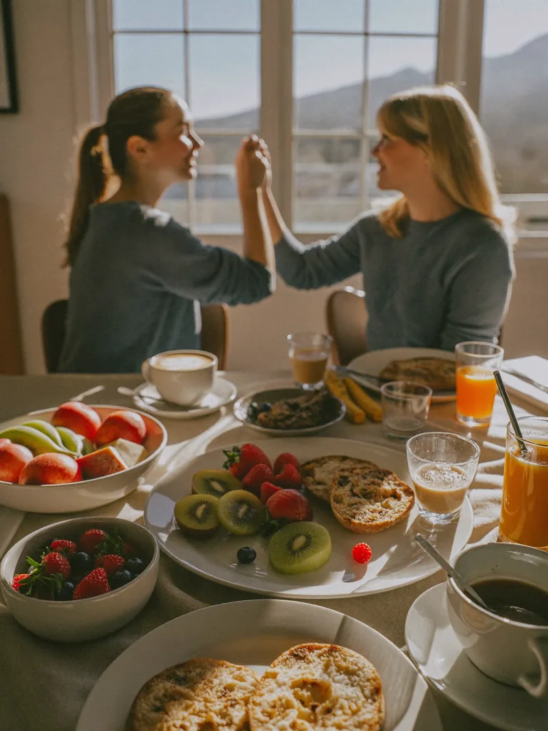 Dos personas desayunando juntas junto a la ventana